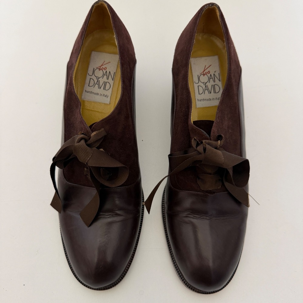 Too Joan & David Vintage 90s Brown Leather Suede Ribbon Oxford block Heel 8.5